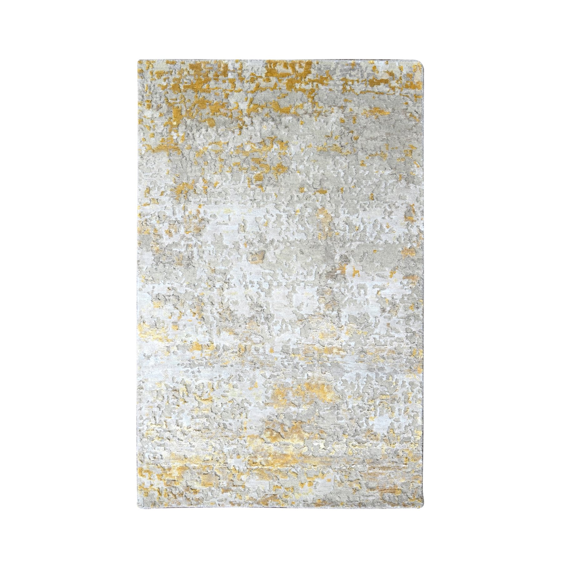 Beige with Gold, Hand Knotted, Abstract Design, Wool and Silk, Hi-Low Pile, Oriental Rug